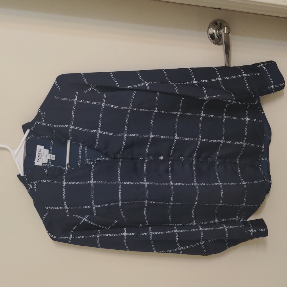 Button up ruffle neck blouse grid pattern